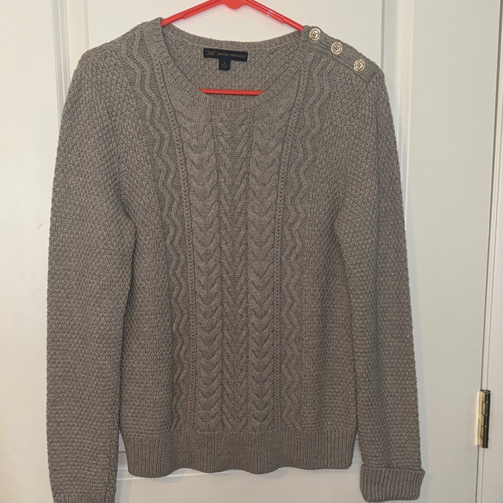Brooks Brothers 346 Womens Cable Knit Pullover Sweater L Cotton/Merino Wool grey